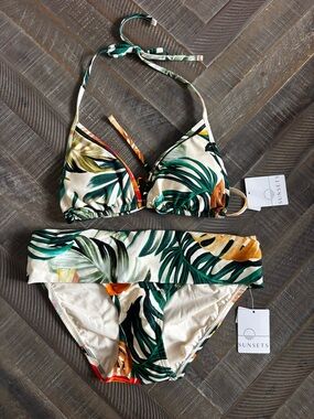 Sunsets Tropical Leaf Green Fold-Over Bikini